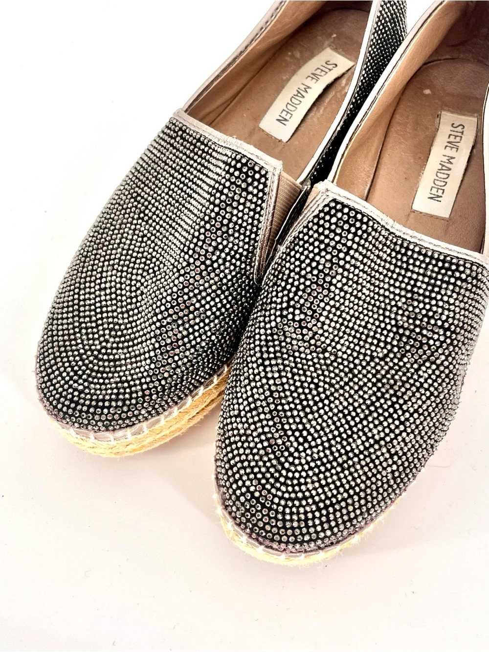 Steve Madden Choppur-R Rhinestone Espadrille Flats Women’s 6 Pewter Slip On